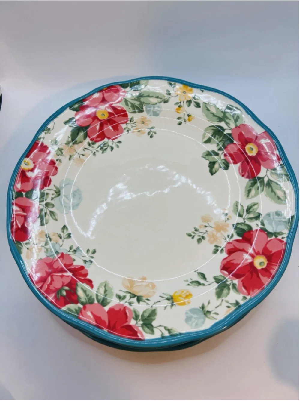 Set of (4) Pioneer Woman Vintage Floral Teal Red Stoneware Dinner Plates 10.5”